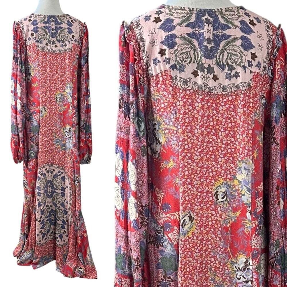Free People Bohemian Gypsy Maxi Dress Duster Red Retro 70s Festival Size Large - Picture 6 of 14